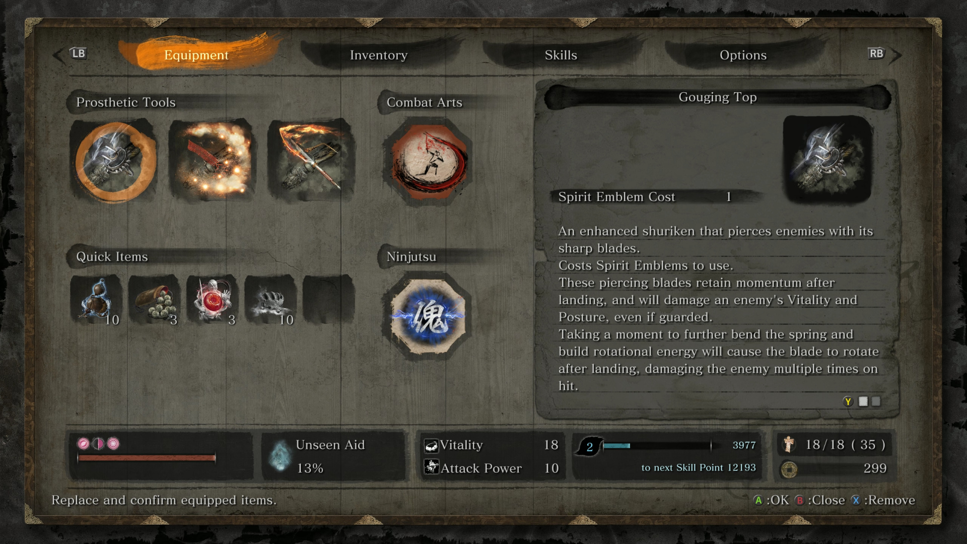 Original Sekiro equipment menu showing prosthetic tools, combat arts, quick items and player statistics