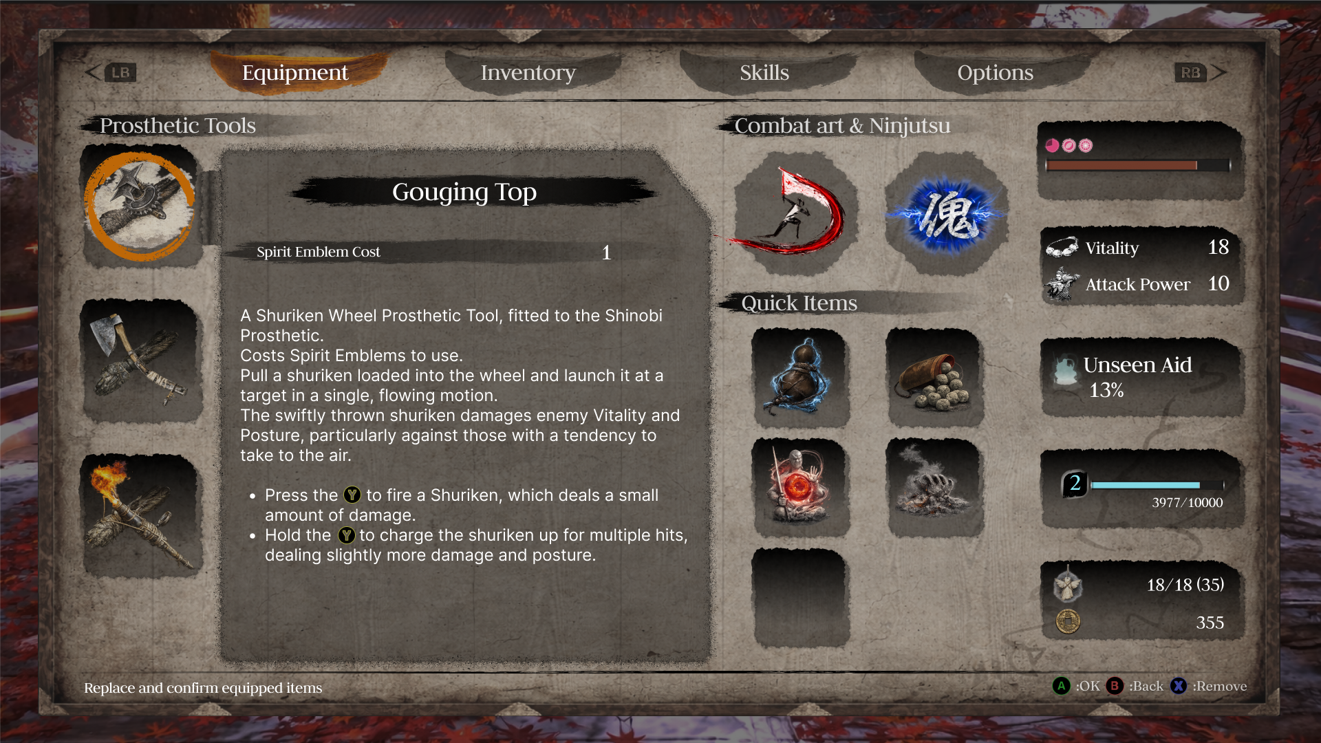 Redesigned Sekiro equipment menu with prosthetic tools on the left, selected-item details in the centre and supporting equipment and statistics on the right
