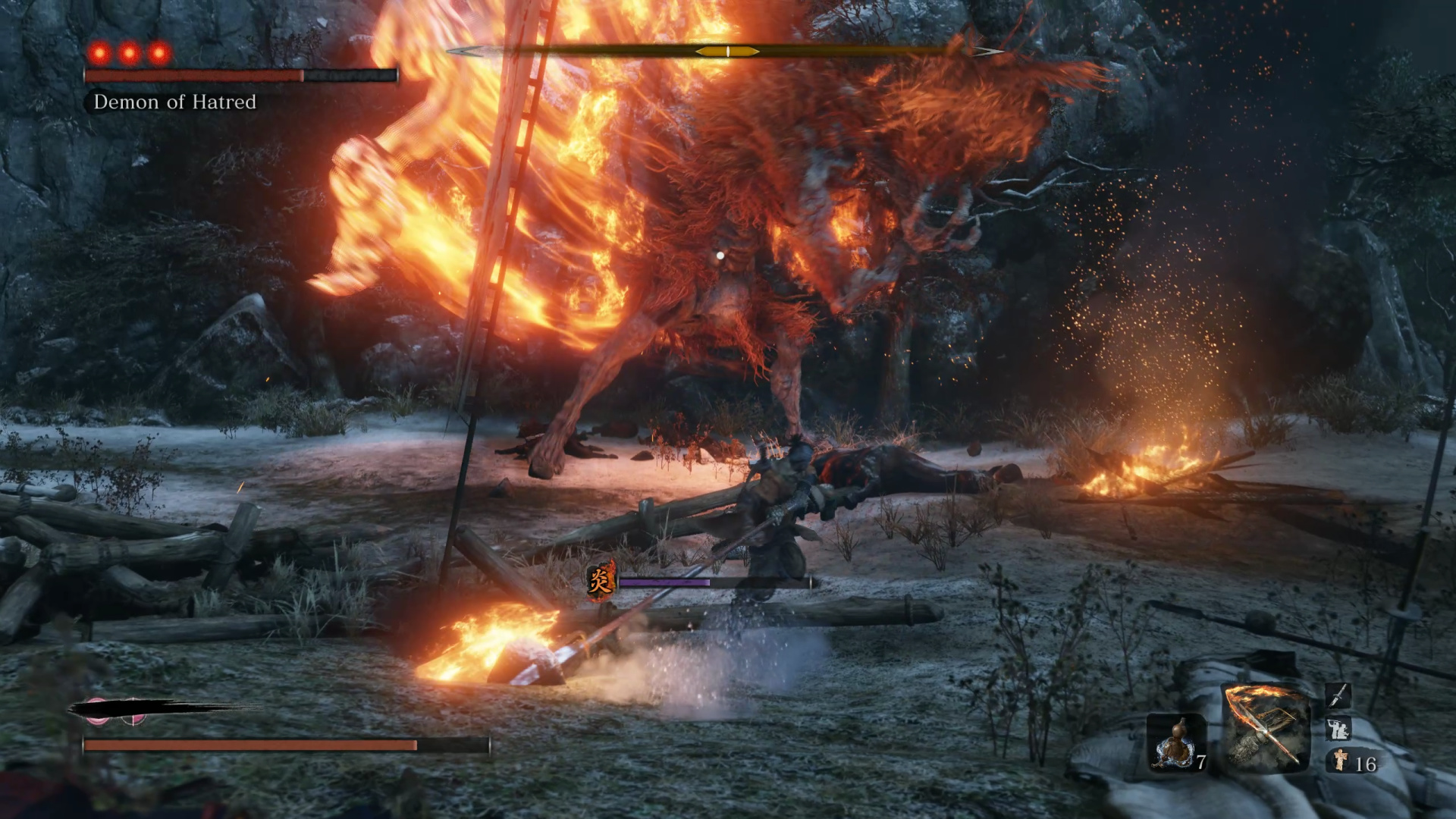 Original Sekiro combat HUD during the Demon of Hatred encounter